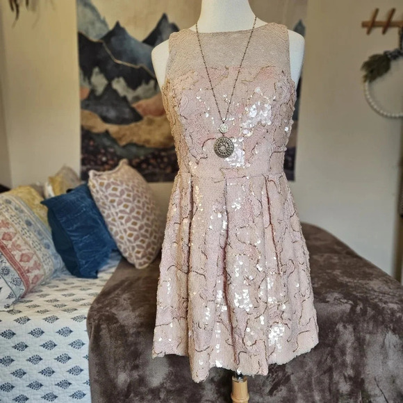 Eva Franco Sugarberry Sequin Lace Mini Dress Size 8 Blush Pink Hand-Embellished - Picture 4 of 16